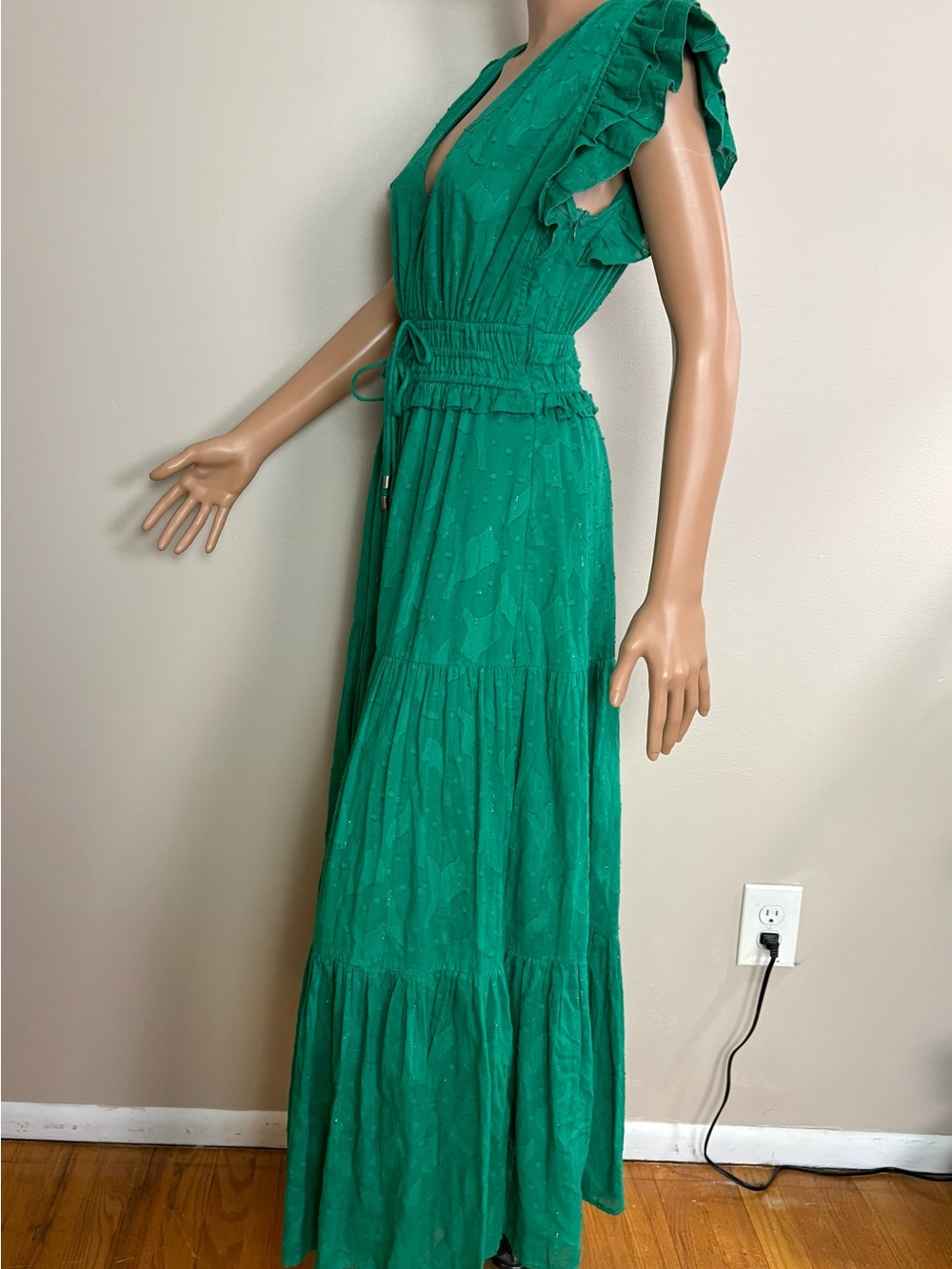 BOHO! Women's KARINA GRIMALDI Kelly Green KARLA Tiered RUFFLE Sleeve MAXI DRESS - Picture 3 of 7